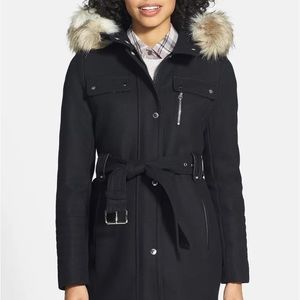 Hooded wool coat with removable fur cuff